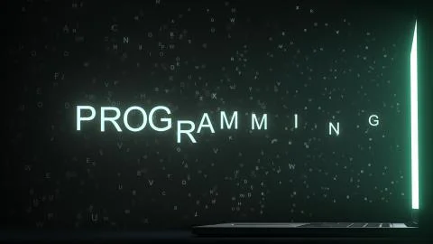 PROGRAMMING text appearing near laptop screen. Conceptual 3D rendering Illustrazione stock