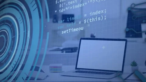 Programming text appearing, overlays sweeping over laptop, HUD rings pulsing, 스톡 동영상 334729143