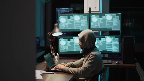 Programming thief breaking through cyber security server Stock Footage 222842048