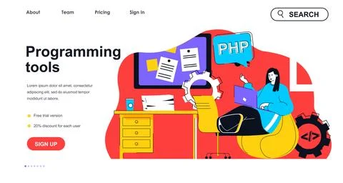Programming tools concept for landing page template. Woman works at laptop,.. Stock Illustration