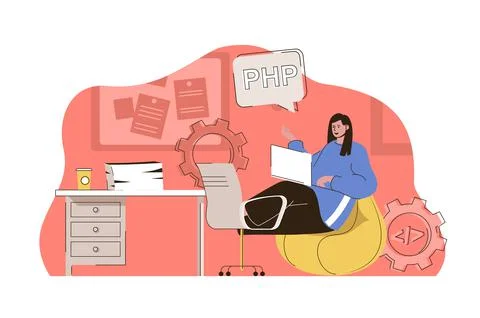 Programming tools concept. Woman works in different programming languages Stock Illustration