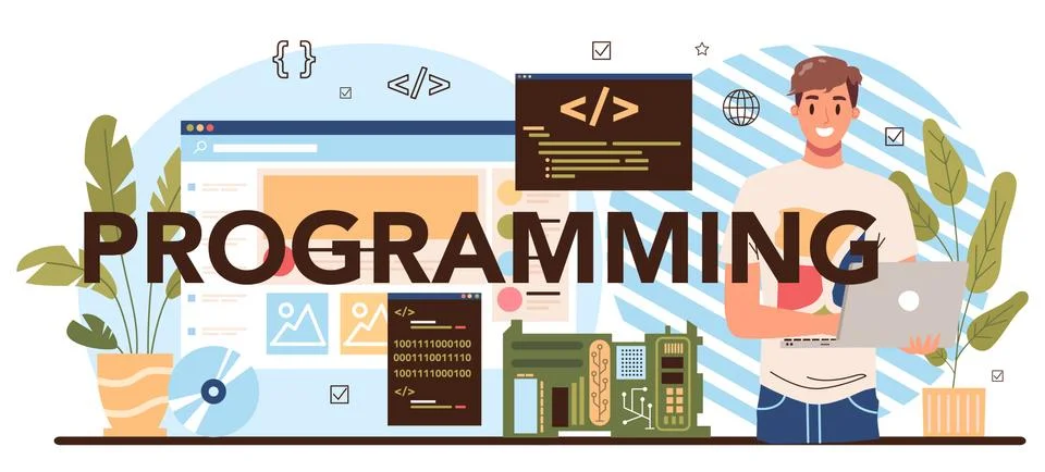 Programming typographic header. IT education, student write software Stock Illustration