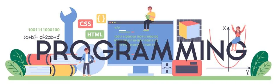 Programming typographic header. Student write software and create 스톡 일러스트