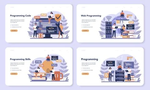 Programming web banner or landing page set. Idea of working Stock Illustration