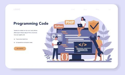 Programming web banner or landing page. Idea of working Stock Illustration