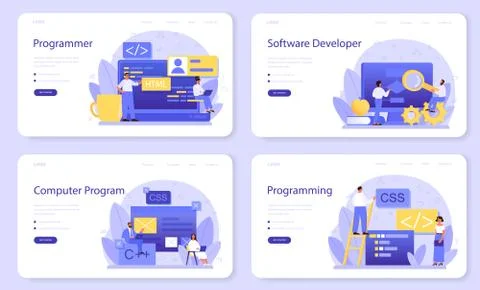 Programming web banner or landing page set. Idea of working Stock Illustration