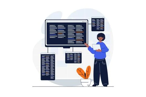 Programming web concept with character scene. Man developer coding and making Stock Illustration