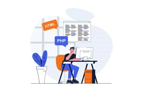 Programming web concept with character scene. Man working with php and html l Stock Illustration