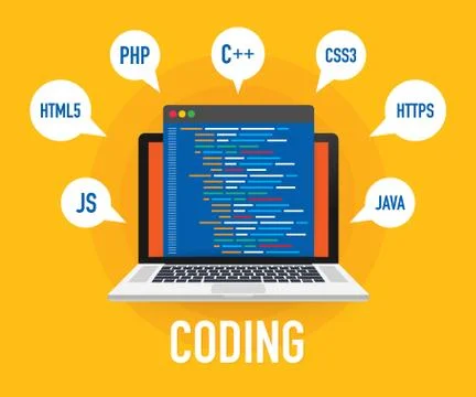 Programming, web development concept. Code on the screen laptop. Vector illus Stock Illustration