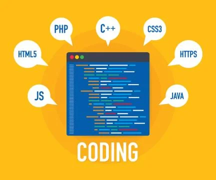 Programming, web development concept. Code on the screen laptop. Vector illus Stock Illustration