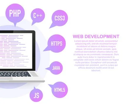 Programming, web development concept. Code on the screen laptop. Vector illus Stock Illustration