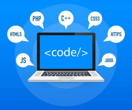 Programming, web development concept. Code on the screen laptop. Vector illus Stock Illustration