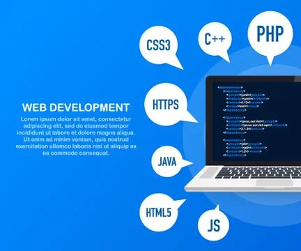 Programming, web development concept. Code on the screen laptop. Vector illus Stock Illustration