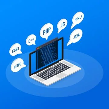Programming, web development concept. Code on the screen laptop. Vector illus Stock Illustration
