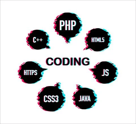 Programming, web development concept. Glitch icon. Code on the screen laptop Stock Illustration