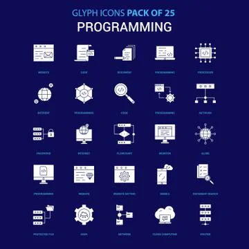 Programming White icon over Blue background. 25 Icon Pack Stock Illustration