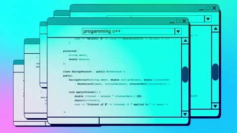 Programming windows popping to the fore and the last window shows the progra Video stock 249738711