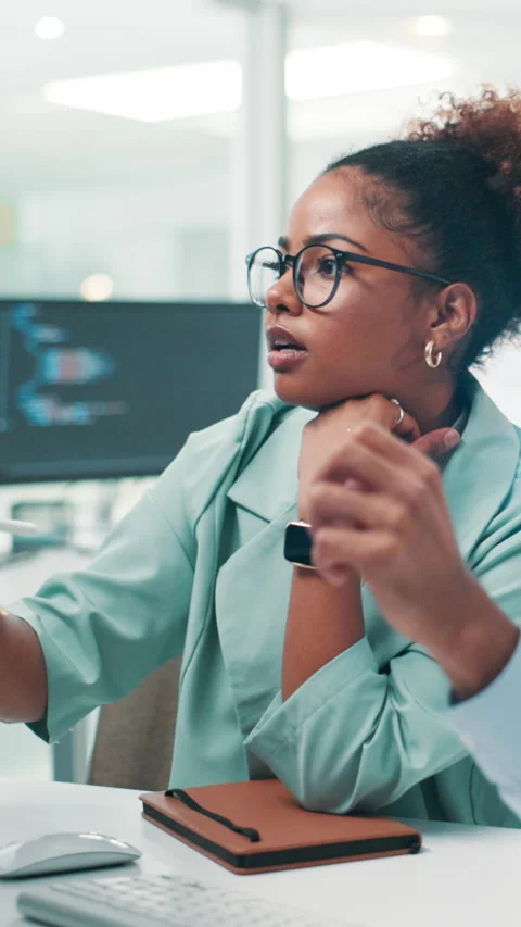 Programming, woman and teamwork with tech, office and coder with stylus for Stock Footage 306824797