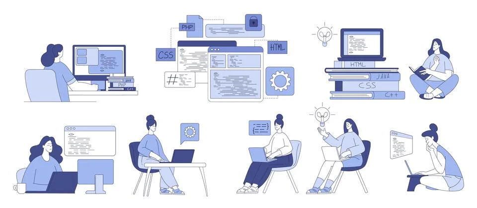 Programming with Woman Character Working on Web and Application Development Stock Illustration