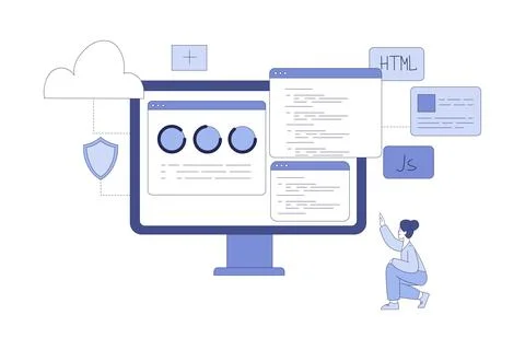 Programming with Woman Character Working on Web Application Development Vector イラスト素材