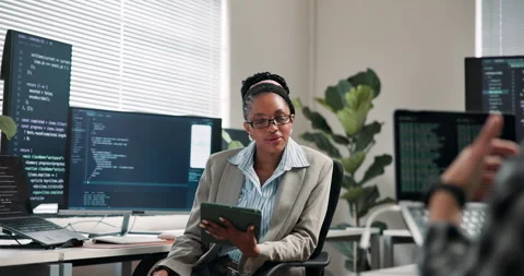 Programming, woman or tablet in office for advice, code review or share Stock-Footage 346760035