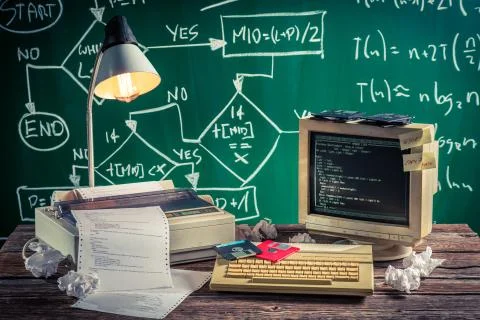 Programming work in computer lab on old wooden table Foto stock