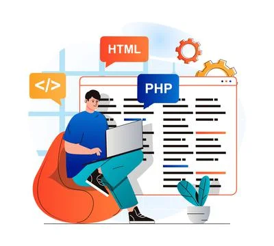 Programming working concept in modern flat design. Developer programs in html Stock Illustration