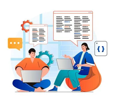 Programming working concept in modern flat design. Developer team creates Stock Illustration