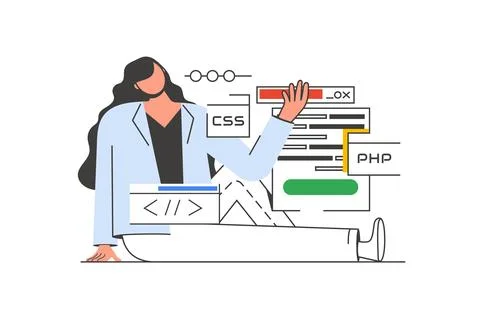 Programming working outline web concept with character scene. Woman creates.. Stock Illustration