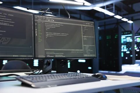 Programming, workstation and computer code in data center Stock Photos