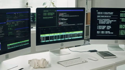 Programming Workstation with Multiple Screens Showing Code in IT Office 動画素材 330124936