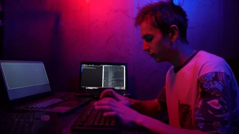Programming. Young guy programmer working.Guy in glasses working on computer Stock Footage 124360765