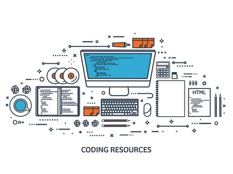 Programming,coding. Flat computing background. Code, hardware,software. Web Stock Illustration