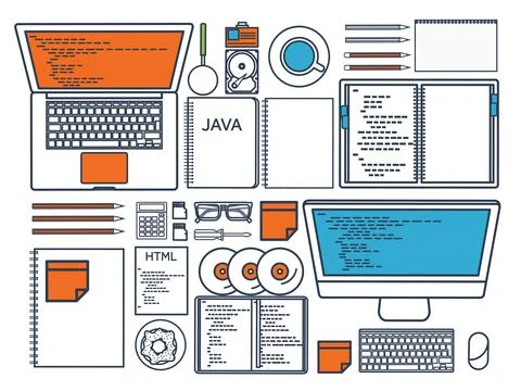 Programming,coding. Flat computing background. Code, hardware,software. Web Stock Illustration