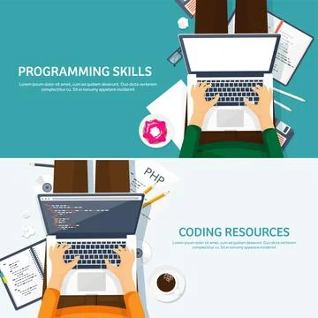 Programming,coding. Flat computing background. Code, hardware,software. Web Stock Illustration