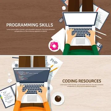 Programming,coding. Flat computing background. Code, hardware,software. Web Stock Illustration