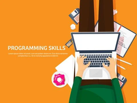 Programming,coding. Flat computing background. Code, hardware,software. Web Stock Illustration