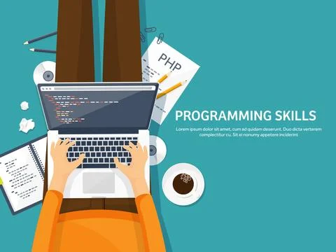 Programming,coding. Flat computing background. Code, hardware,software. Web Stock Illustration