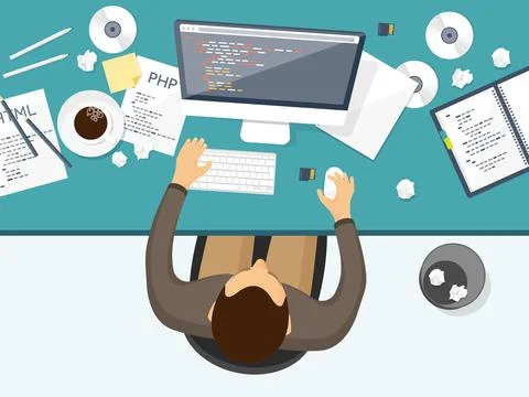 Programming,coding. Flat computing background. Code, hardware,software. Web Stock Illustration