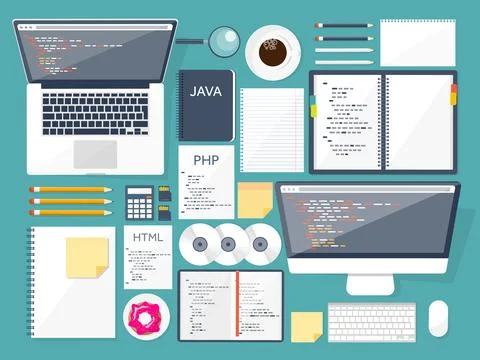 Programming,coding. Flat computing background. Code, hardware,software. Web Stock Illustration