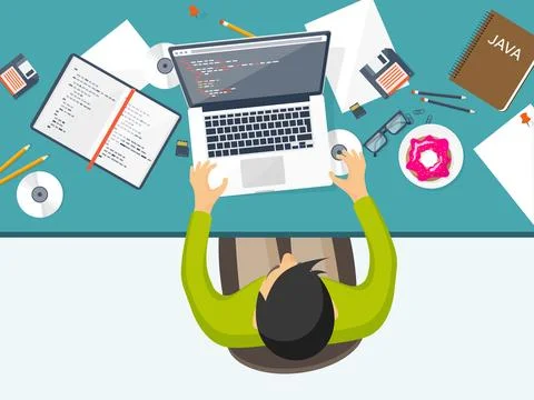 Programming,coding. Flat computing background. Code, hardware,software. Web Stock Illustration