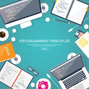 Programming,coding. Flat computing background. Code, hardware,software. Web Stock Illustration