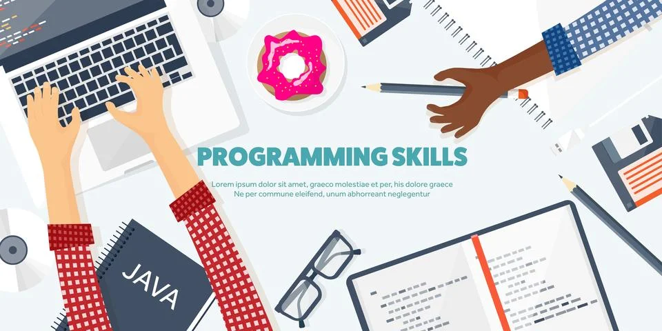 Programming,coding. Flat computing background. Code, hardware,software. Web Stock Illustration