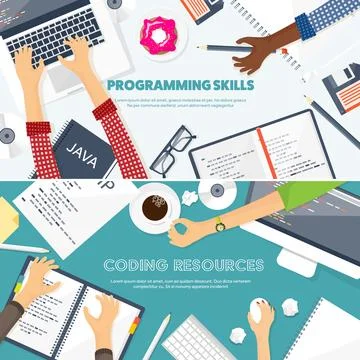 Programming,coding. Flat computing background. Code, hardware,software. Web Stock Illustration