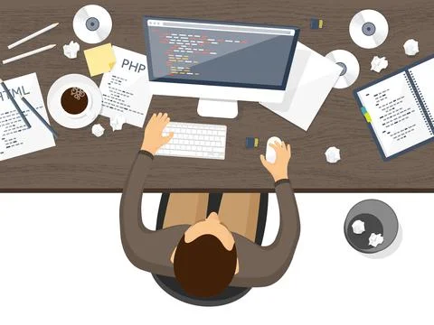 Programming,coding. Flat computing background. Code, hardware,software. Web Stock Illustration