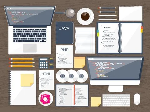 Programming,coding. Flat computing background. Code, hardware,software. Web Stock Illustration
