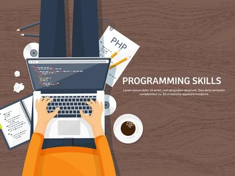 Programming,coding. Flat computing background. Code, hardware,software. Web Stock Illustration