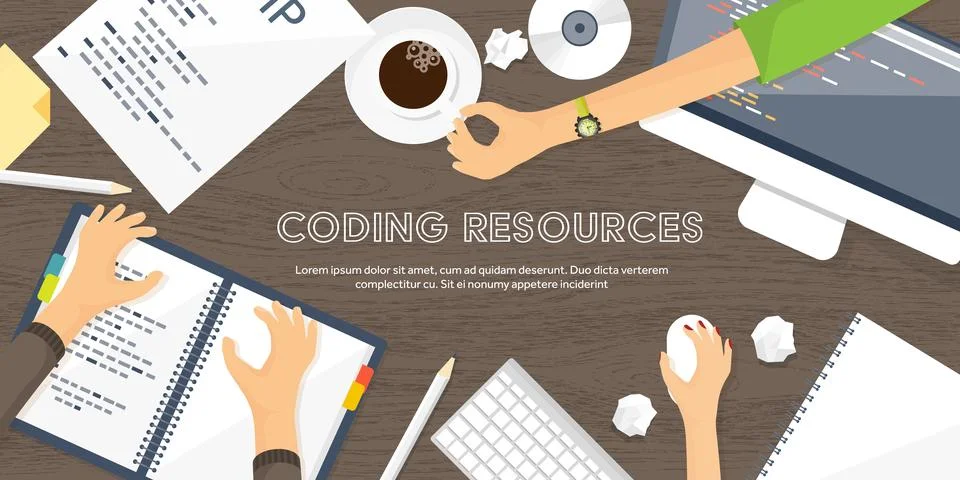 Programming,coding. Flat computing background. Code, hardware,software. Web Stock Illustration