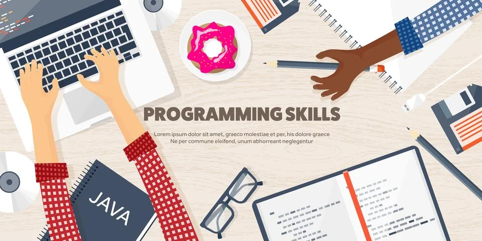 Programming,coding. Flat computing background. Code, hardware,software. Web Stock Illustration