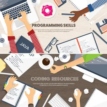 Programming,coding. Flat computing background. Code, hardware,software. Web Stock Illustration